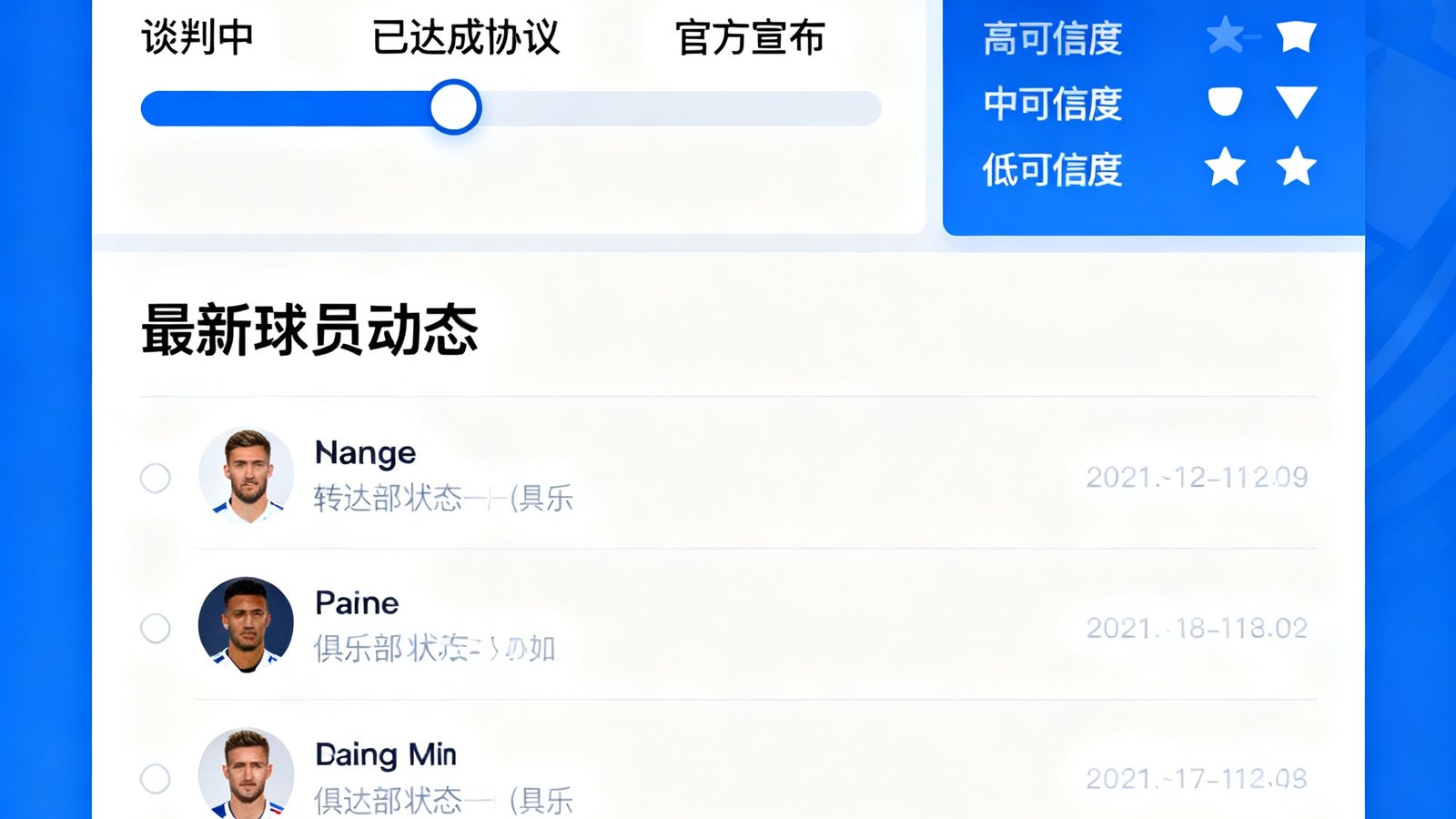 体球网转会流言聚合页面，显示转会进度条和可信度评级，包含最新球员动态